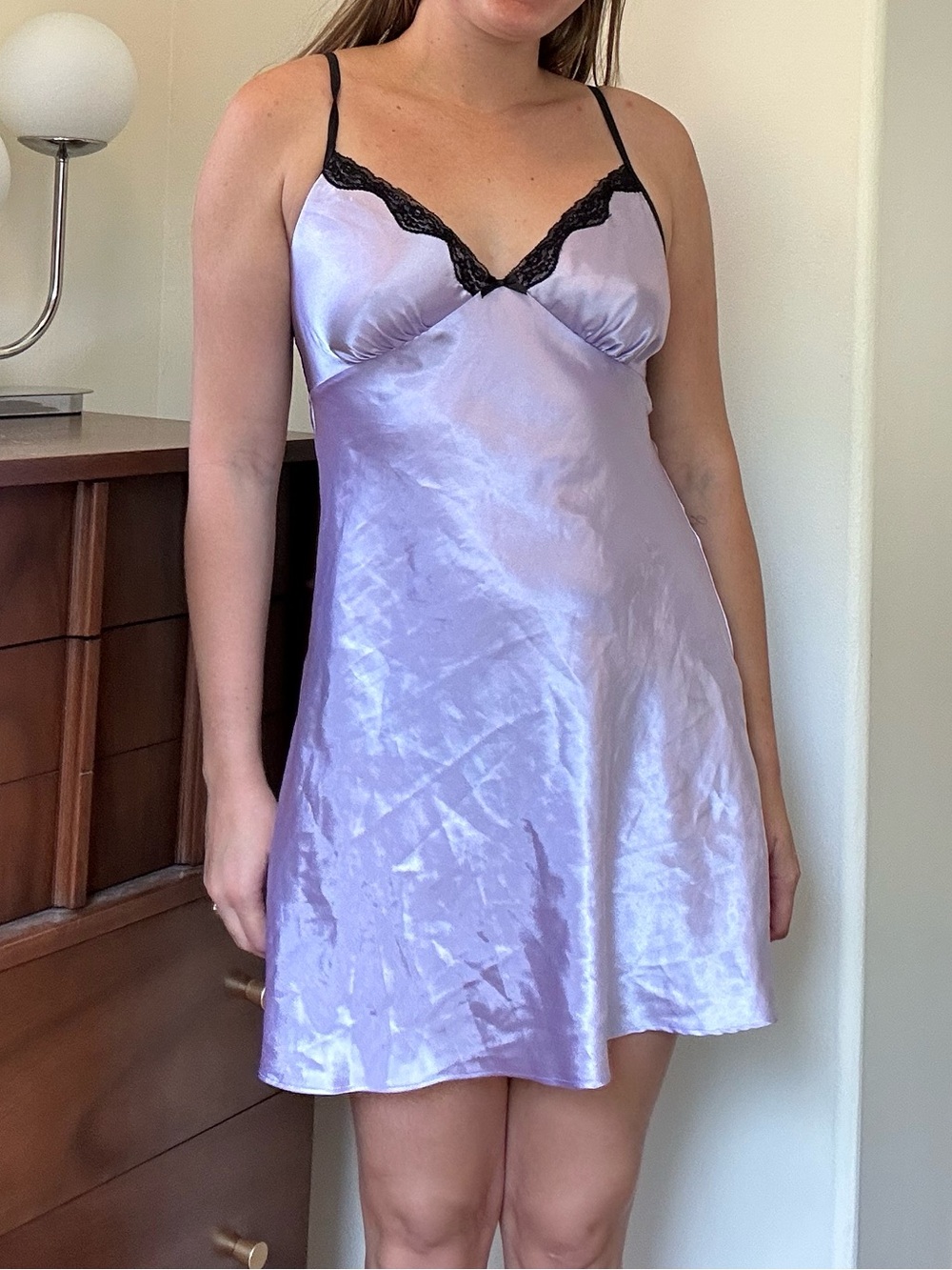 Lavender Satin Slip with Black Lace Trim